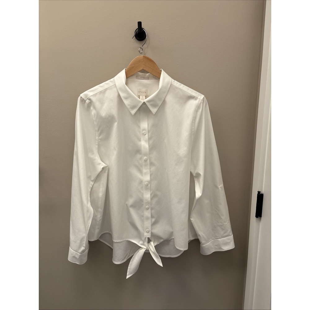 Chico's Women's White Blouse Size 3  Tie Front spring style Roll Up Sleeves